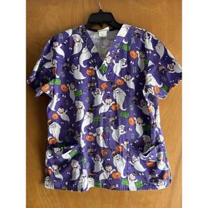 Halloween Scrub Top Women's‎ Medium Funny Cute Ghosts Ghouls Pumpkins
